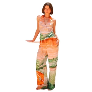Women's V-neck halter top and high-waist wide-leg pants set with scenic print
