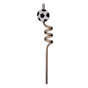 Brown spiral reusable plastic straw with a black and white 3D soccer ball decoration