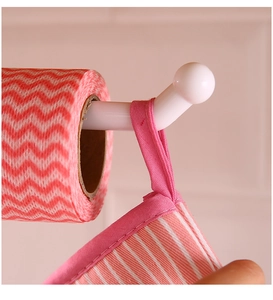 Detail of white wall-mounted kitchen paper towel holder with pink dishcloth and stripe rag