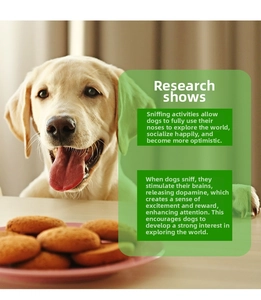 Labrador sniffing treats next to educational text about dog brain stimulation and sniffing