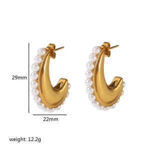 Golden C-shaped hoop earrings with white pearls, 29mm height, 22mm width, 12.2g weight