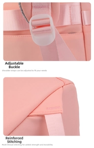 Macro detail of adjustable buckle and reinforced stitching on pink nylon backpack