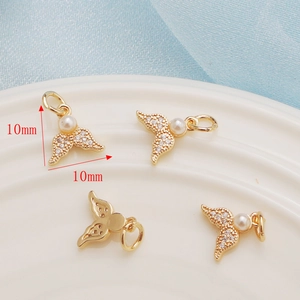 Gold plated 14K fishtail charm with pearl and zircon inlay, 10mm jewelry supply