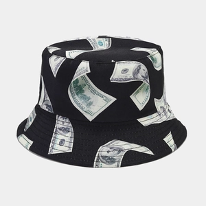 Detailed view of bucket hat stitching with realistic $100 dollar bill currency money print