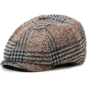 Retro British style plaid beret hat with tweed pattern and top button for men