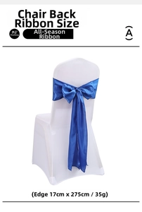 Blue satin wedding chair bow with hemmed edges, 17x275cm decorative sash for banquet