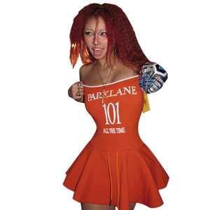 Orange strapless tube dress with letter print and skirt for beach resort holiday