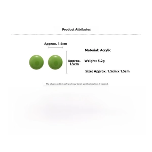 Detailed view of grass green acrylic ball stud earrings with 1.5cm diameter and silver pins