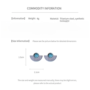 Detailed chart showing titanium steel turquoise earrings size 1.5cm by 1.1cm and 4g weight