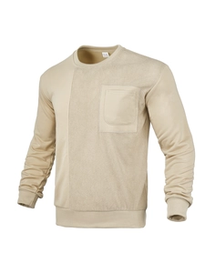 Detailed close-up of light khaki crewneck sweatshirt showing neck label and fabric texture