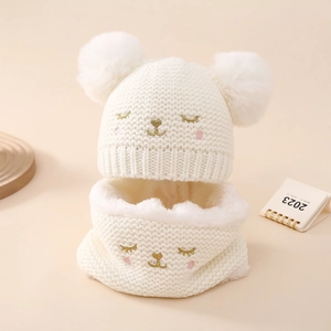 Baby Knit Hat And Neck Warmer Acrylic Fleece Lined Winter Warm Double Pom Pom Animal Embroidery For Boys Girls
