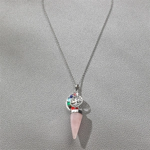 Tree of life necklace with seven chakra stones and pink crystal hexagonal pendant