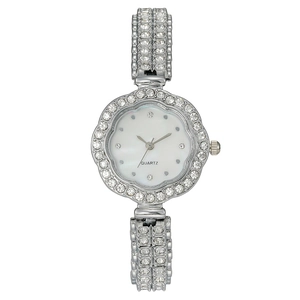 Womens Quartz Watch Elegant Floral Petal Bezel Rhinestone Inlaid Stainless Steel Strap Jewelry Bracelet Wristwatch Fashion