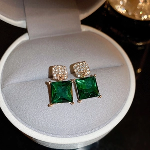 Vintage Square Emerald Green Crystal Drop Earrings With Rhinestones Alloy Jewelry For Women Silver Earring Post