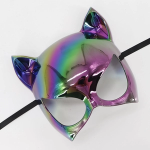 Close-up of holographic cat-ear half face mask with glossy finish and elastic strap