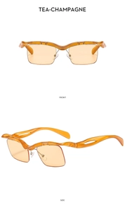 Detaillierte Vorder- und Seitenansicht der champagner-orangen Halbrand-Sonnenbrille mit Metall