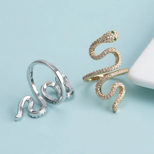 Chic snake wrap open ring set with sparkling zircons in gold and silver finishes