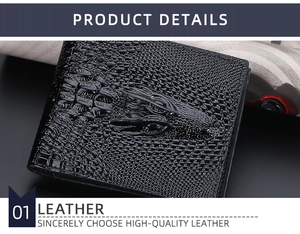 Detailed macro view of black crocodile pattern embossed leather on a men's wallet