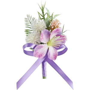 Elegant purple silk flower boutonniere with green leaves and ribbon for wedding suits