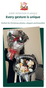 Detailed Christmas bouquet with red roses, natural pine cones and festive kraft paper wrapping