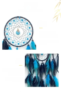 Macro detail of hand-woven dreamcatcher featuring turquoise pendant and soft feathers