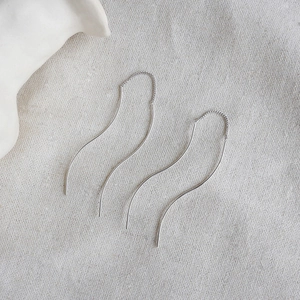 Minimalist S925 sterling silver S-shaped wave threader earrings on linen background