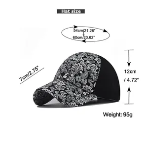 Detailed size chart for paisley ponytail baseball cap showing head circumference and brim