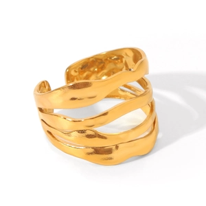 Detailed view of 18K gold plated layered wave ring with textured hammered surface