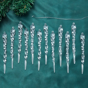 Detailed set of twelve clear acrylic spiral icicle ornaments with silver hanging cords