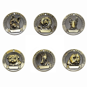 Antique bronze dog tags featuring embossed dog breeds for personalized pet collars