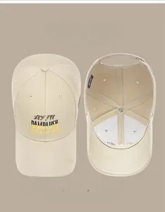 Detailed interior and exterior views of a beige washed cotton baseball cap with embroidery