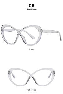 Macro detail of transparent infinity-shaped eyewear frame in C5 clear plastic finish