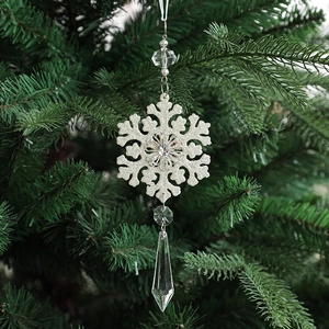 Sparkling silver glitter snowflake ornament set on Christmas tree with clear crystal prisms