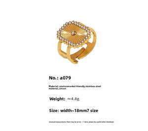 Détail de la bague en acier inoxydable doré avec zircons et texture carrée rayonnante