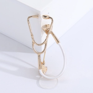 Creative stethoscope brooch in gold-plated metal with white enamel for medical fashion