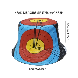 Size chart for target pattern bucket hat with 58cm head circumference and 6cm brim
