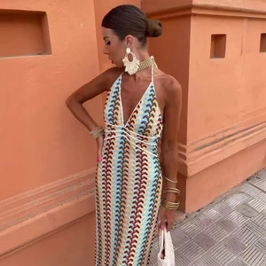 Bohemian V-neck crochet halter dress with colorful wave patterns for summer vacations