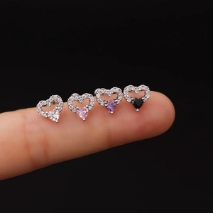 Titanium steel heart zircon stud earrings in white, pink, purple, and black colors