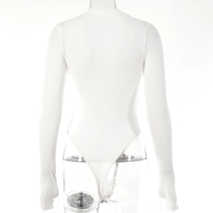Detail of white ribbed long sleeve bodysuit showing high neck and material texture