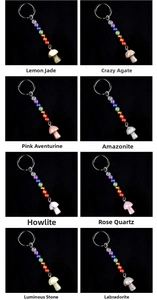 Detail view of 8 colorful mushroom keychains featuring assorted natural crystal pendants