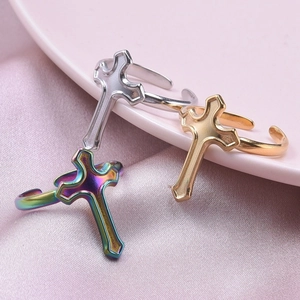 Minimalist adjustable stainless steel cross rings in gold, silver, and rainbow finishes