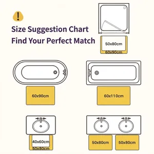 Cartoon animal bathroom rug size guide showing various mat dimensions for sinks and tubs