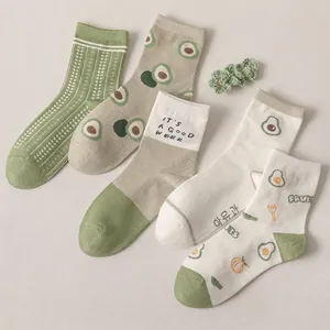 Women Crew Socks Cotton Blend Breathable Cute Cartoon Avocado Strawberry Fruit Print Mid Calf Fashion Japanese Style
