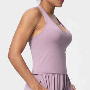 Close-up of mauve V-neck racerback sports bra with high-elasticity breathable fabric