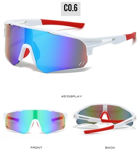 Detailed multi-angle views of sports cycling sunglasses with white frames and colorful lenses