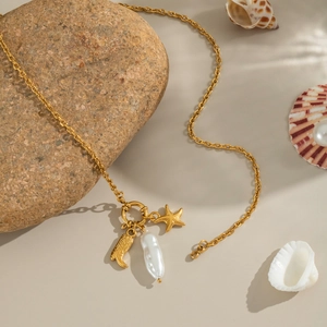 Stainless Steel Starfish Artificial Baroque Pearl And Cowboy Boot Pendant Necklace Gold Plated Waterproof Beach Jewelry For Women