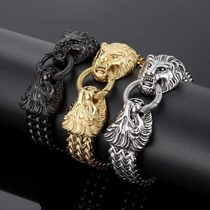 Men's stainless steel lion head bracelets in gold, silver, and black metal finishes