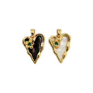 Elegant gold-plated heart pendant with natural shell inlay and green gemstone flower detail