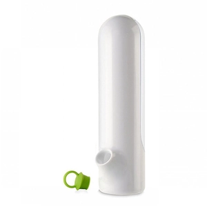 Detail of white herb keeper cylinder with a green silicone stopper on a white background