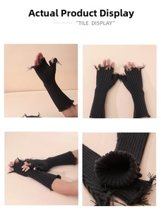 Close-up of distressed knit arm warmers featuring ripped finger holes and gothic fringe